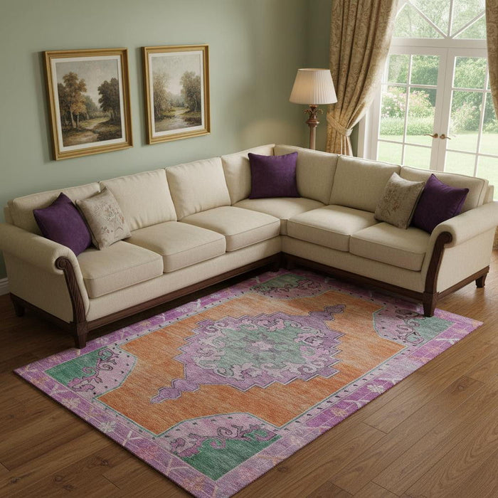 10' X 14' Oriental Washable Area Rug With UV Protection (699472) - Orange / Pink / Green