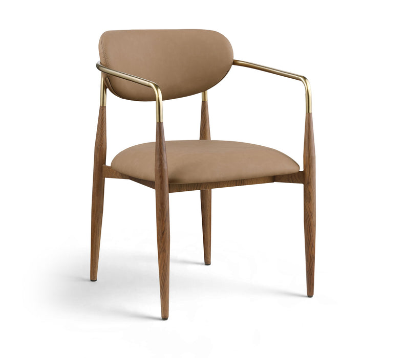 Vegan leather upholstered dining arm chair with walnut wood legs by Meridian Furniture, featuring a modern, comfortable design.