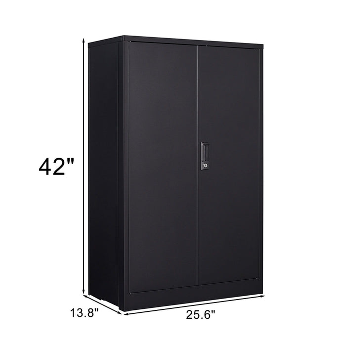 Giga metal storage cabinet with locking doors, adjustable shelves, ideal for home office, school, or garage storage.