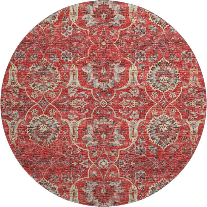 8' Floral Medallion Distressed Washable Round Rug With UV Protection (644589) - Red / Beige