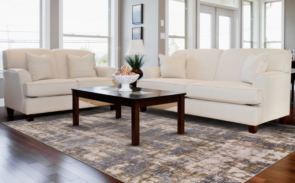 10' x 13' Abstract Stain Resistant Area Rug - Gray And Gold