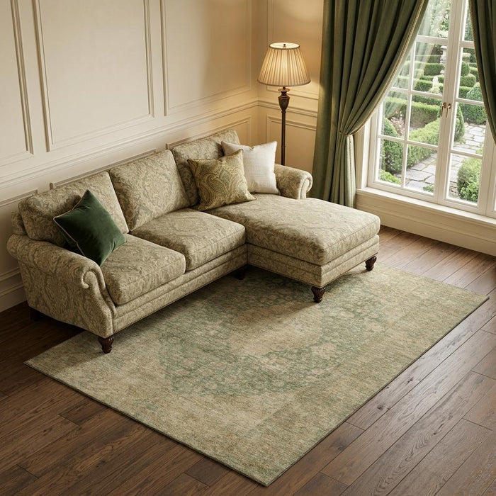 10' X 14' Medallion Washable Area Rug With UV Protection (696284) - Artichoke Green / Beige / Tan