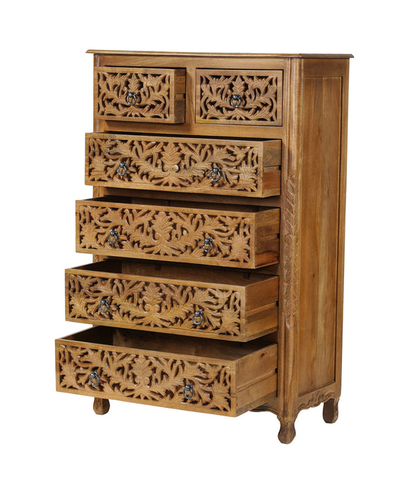 Carved Floral Solid Wood Six Drawer Dresser - Brown