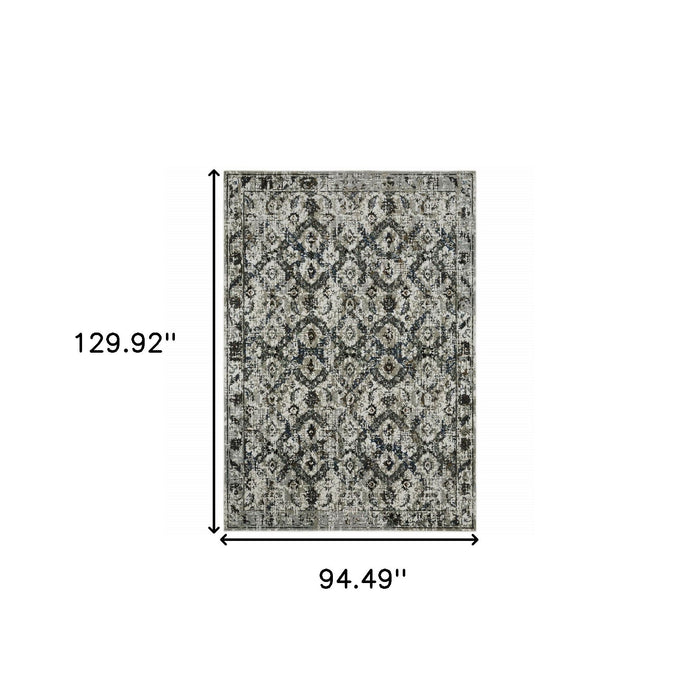 7.9' x 10.8' Oriental Power Loom Stain Resistant Area Rug - Ivory Charcoal Grey Blue Rust Gold And Brown