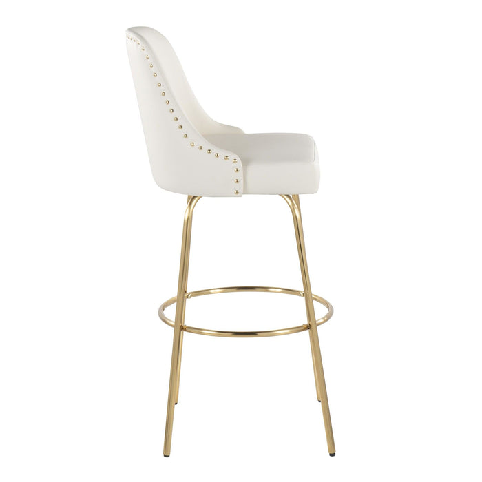 Marcel - 30" Fixed-Height Barstool With Swivel And Round Gold Metal Footrest (Set of 2) - Gold Metal And White Faux Leather With Gold Nailhead Trim