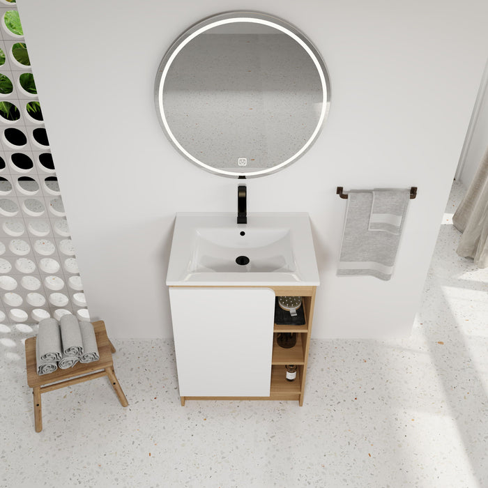 Giga freestanding bathroom vanity with light oak finish, white thin rim sink, single door, and four open shelves for storage.