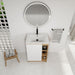 Giga freestanding bathroom vanity with light oak finish, white thin rim sink, single door, and four open shelves for storage.