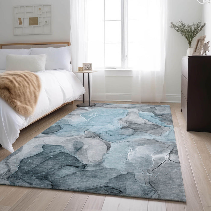 10' X 14' Abstract Washable Area Rug Polyester With UV Protection - Teal / Gray