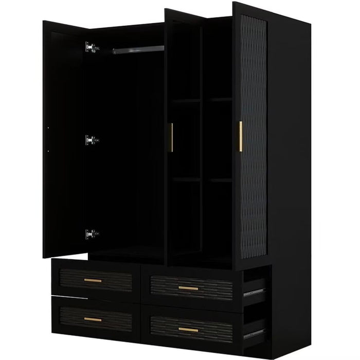 71" Carved Geometric Mirro Three Door Four Drawer Combo Dresser - Black