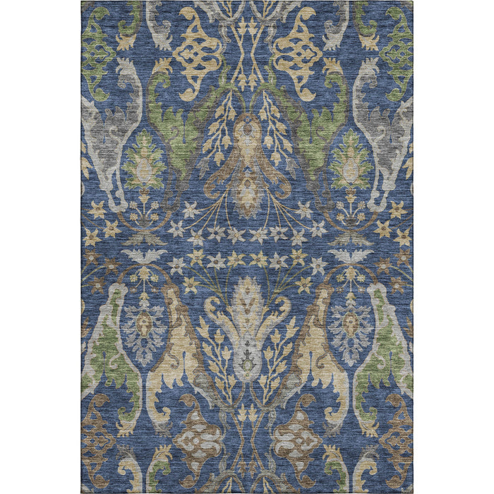 10' X 14' Floral Washable Area Rug With UV Protection (686945) - Navy Blue / Olive Green / Brown