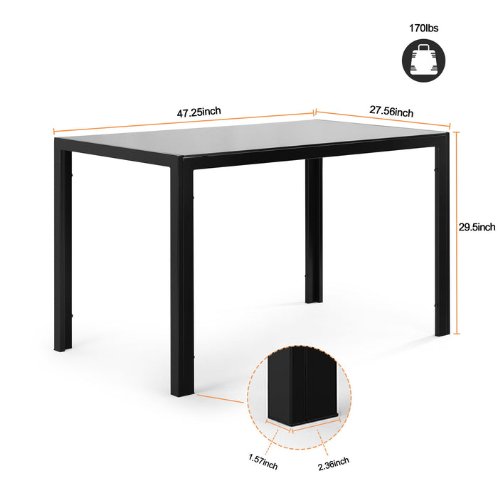 Giga 5-piece dining table set with tempered glass table and four black faux leather chairs for kitchen or dining room.