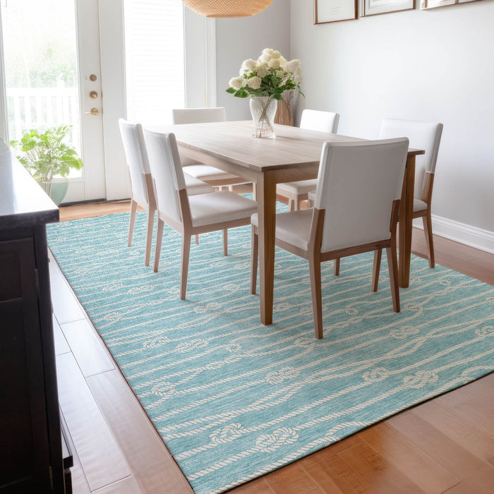8' X 10' Nautical Washable Area Rug With UV Protection - Teal Blue And Ivory