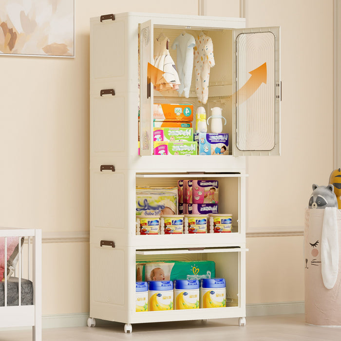 Cream white Giga portable wardrobe closet with magnetic doors, hanging rod, and storage compartments.