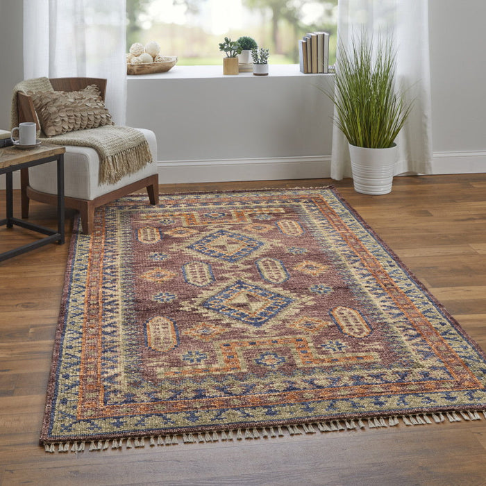 12' Wool Geometric Hand Knotted Runner Rug With Fringe - Blue Red And Tan