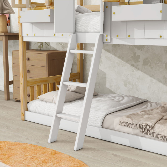 Giga house bunk bed with roof, window, door, window box, safety guardrails, and ladder for kids' bedroom fun.