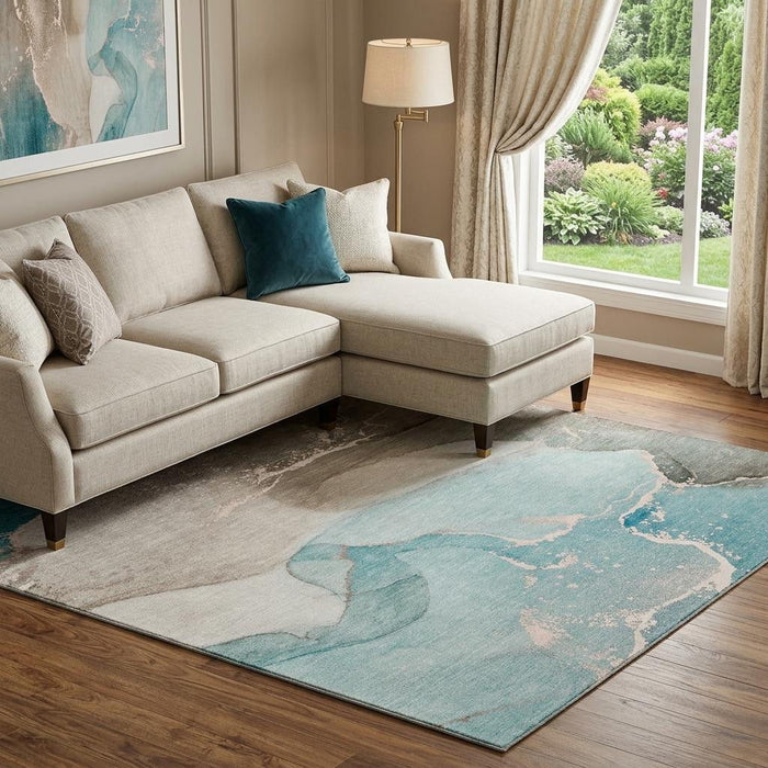 10' X 14' Abstract Washable Area Rug With UV Protection (647218) - Teal / Beige / Ivory