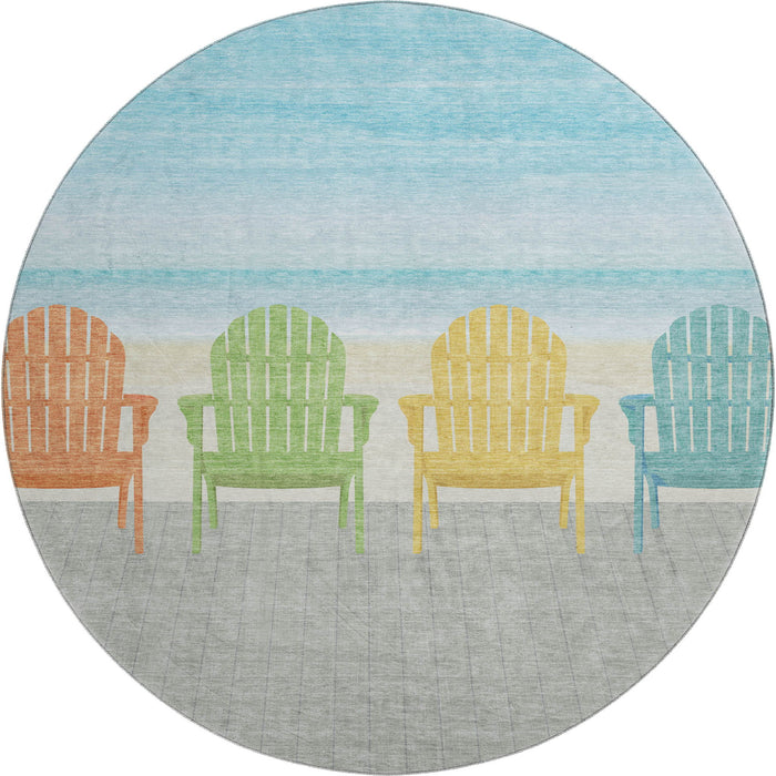 8' Nautical Washable Round Rug With UV Protection - Aqua