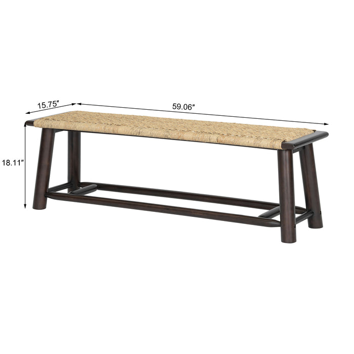 Giga farmhouse modern solid wood rattan bench with multi-functional design, 59-inch walnut finish, suitable for indoor and outdoor use.
