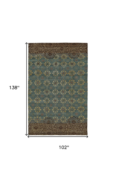 8' x 12' Floral Hand Knotted Area Rug - Green Blue And Brown