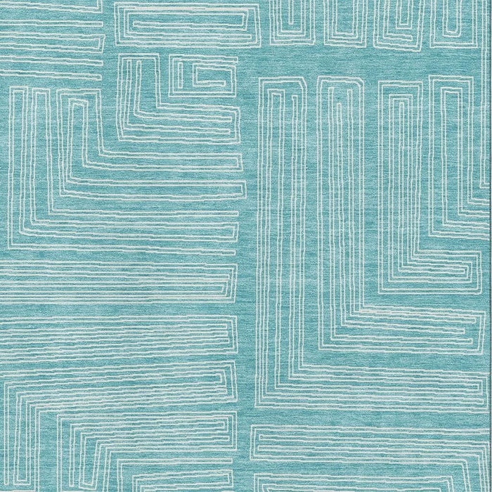 10' X 14' Geometric Washable Area Rug With UV Protection (682019) - Turquoise / Ivory