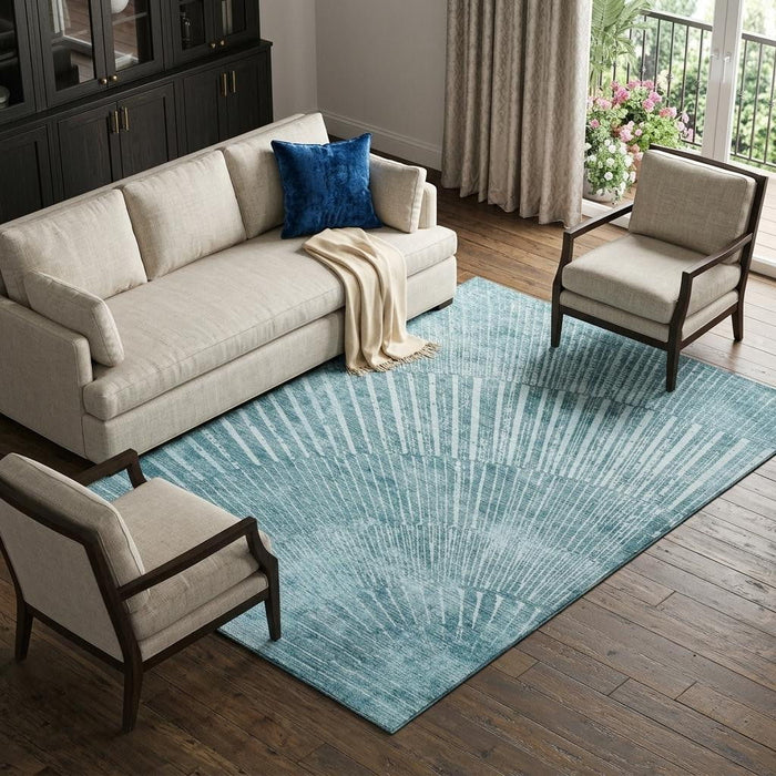 8' X 10' Geometric Washable Area Rug With UV Protection (648356) - Teal / Ivory