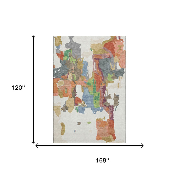 10' X 14' Abstract Washable Area Rug With UV Protection (680735) - Ivory / Orange / Blue / Green