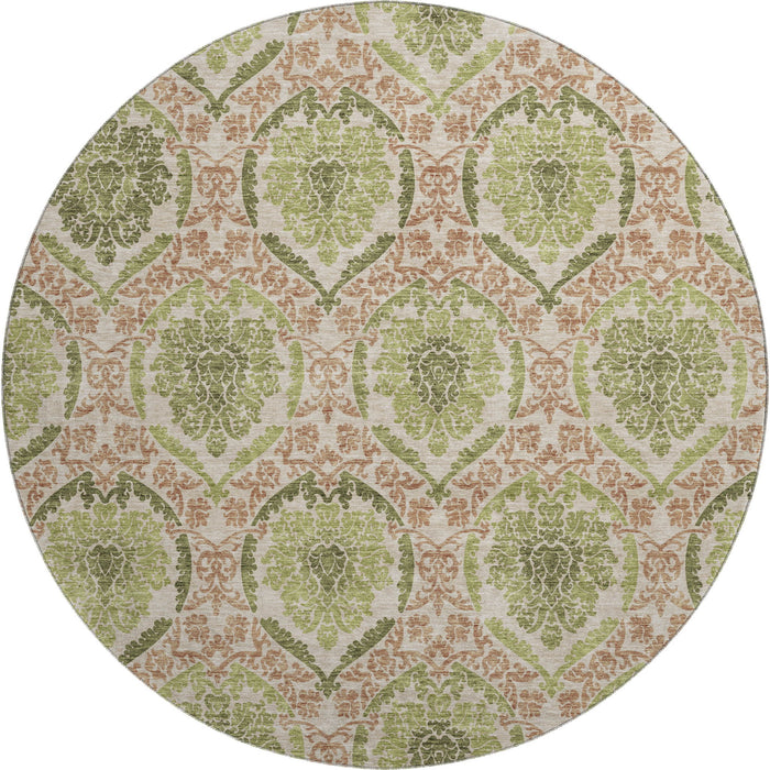 8' Medallion Washable Round Rug With UV Protection - Olive Green And Copper