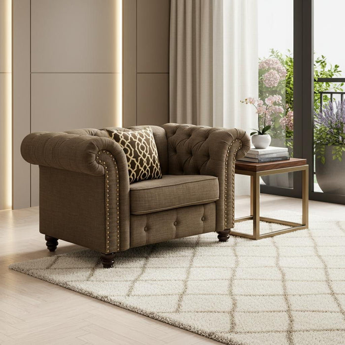 Linen And Black Tufted Chesterfield Chair - Brown