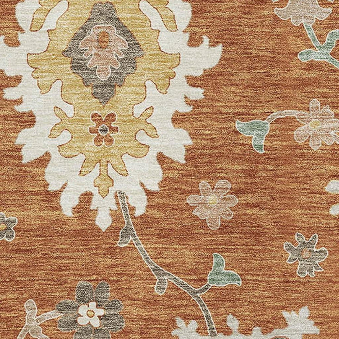 10' X 14' Floral Medallion Washable Area Rug With UV Protection - Rust