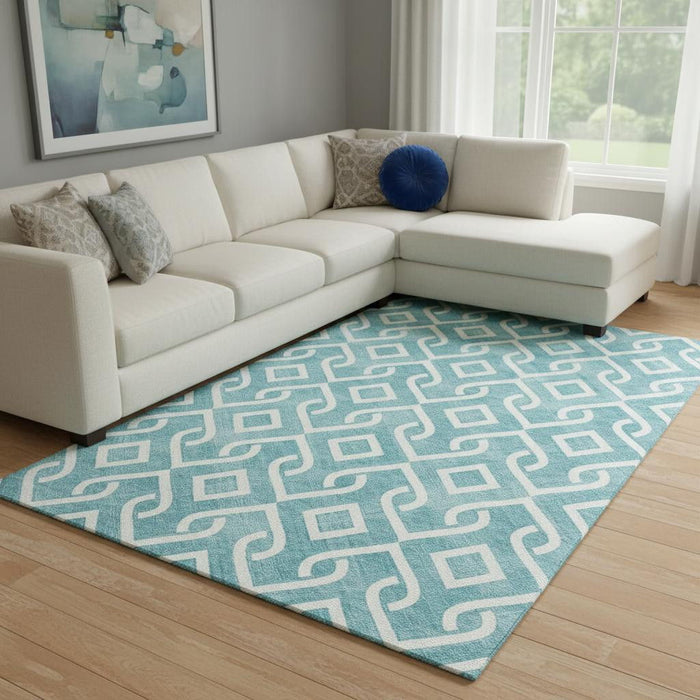 10' X 14' Geometric Washable Area Rug With UV Protection (652593) - Teal / Ivory