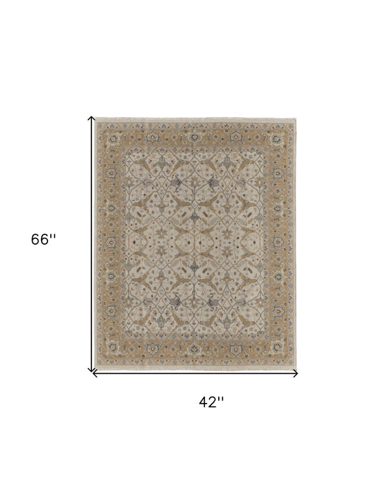 4' x 6' Wool Oriental Hand Knotted Area Rug With Fringe - Ivory Gray And Tan