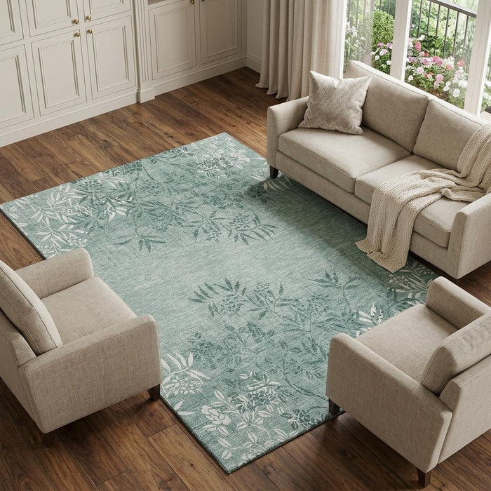 8' X 10' Floral Washable Area Rug With UV Protection (655672) - Sage / Ivory