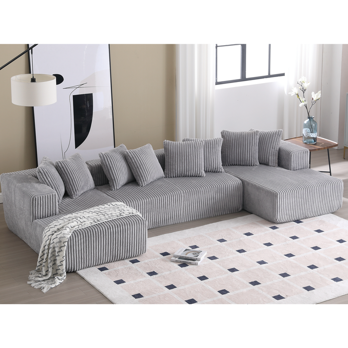 [NEW ARRIVED] [VIDEO PROVIDED]133.45'' Modular Sectional Couch, U-shaped sofa , Chaise Lounge, Striped fabric,Upholstered 4 Seater Couch for Living Room, Free Combination Sofa (Corduroy), Gray