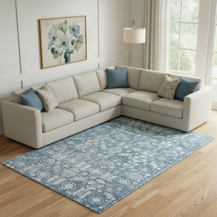 10' X 14' Oriental Washable Area Rug With UV Protection (700853) - Denim Blue / Ivory