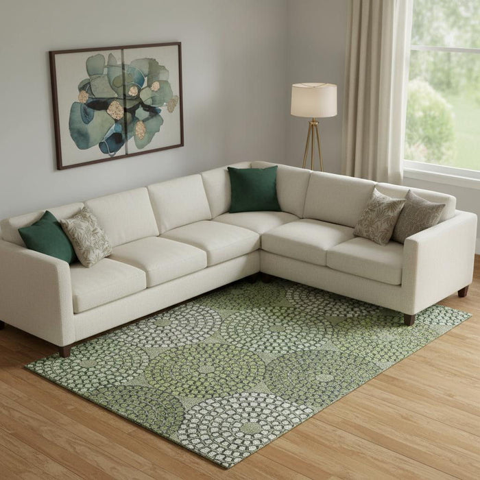 10' X 14' Geometric Washable Area Rug With UV Protection (670147) - Olive Green / Beige / Ivory