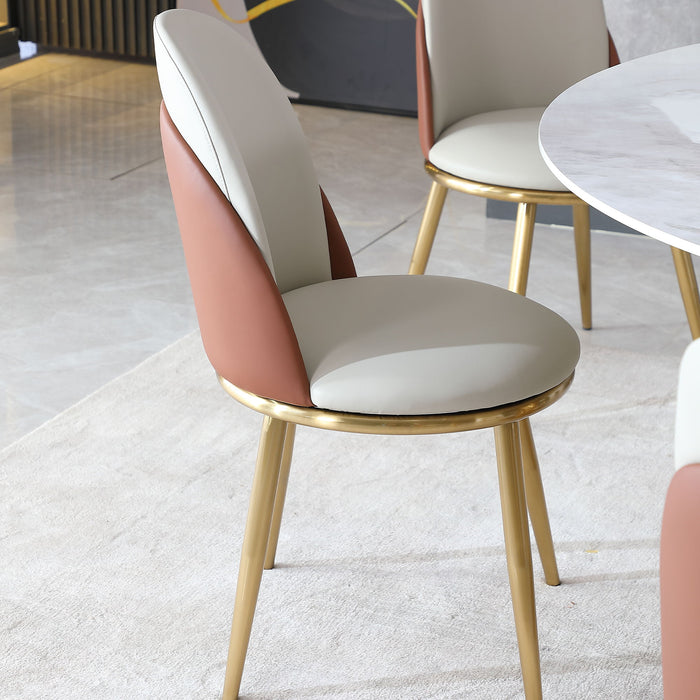 Pair of Giga modern dining chairs with beige upholstered seats and gold metal legs, set of two for contemporary dining rooms