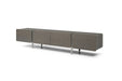 Wood and stainless steel enclosed TV stand in ash gray with nickel accents, designed for modern living room entertainment units.
