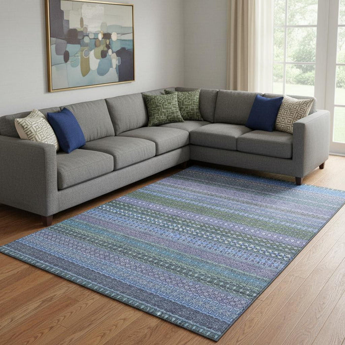 10' X 14' Striped Washable Area Rug With UV Protection (647494) - Blue / Ivory