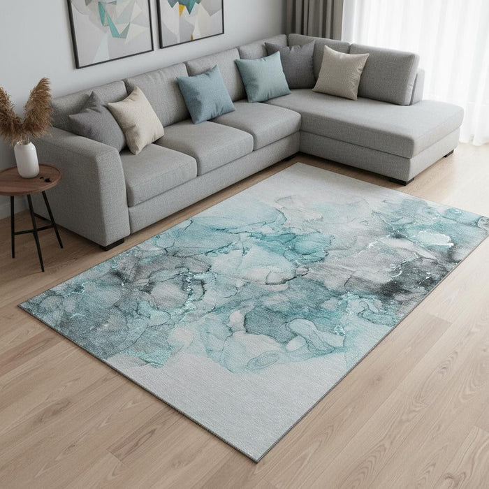 8' X 10' Abstract Washable Area Rug With UV Protection (647318) - Teal / Gray / Ivory