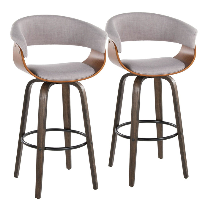 Vintage Mod - 30" Fixed-Height Barstool With Swivel (Set of 2) - Walnut Glazed Wood And Stone Fabric With Walnut Wood Accents And Round Black Metal Footrest
