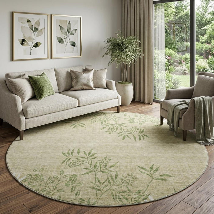 8' Floral Washable Round Rug With UV Protection (655641) - Khaki / Green / Ivory