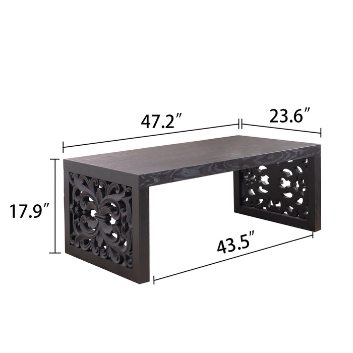 Rustic Carved Wood Coffee Table, Handcrafted Look With Ornate Side Panels