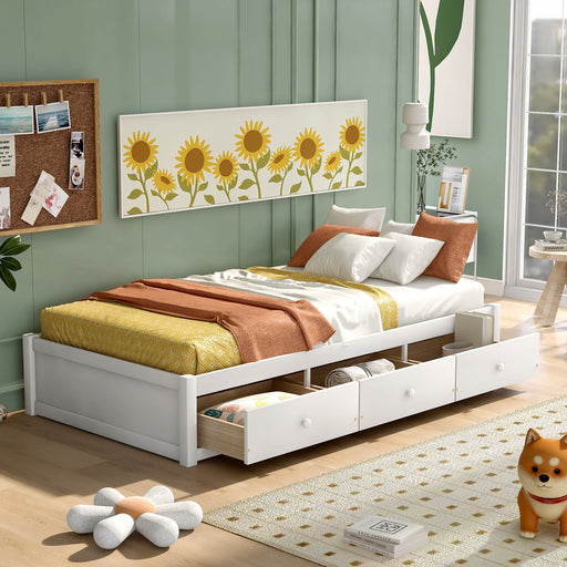 White Giga twin size platform storage bed with three built-in drawers, featuring a modern design and clean lines.