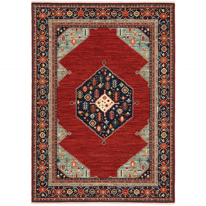 8' x 11' Oriental Power Loom Stain Resistant Area Rug With Fringe - Red Blue Orange And Ivory