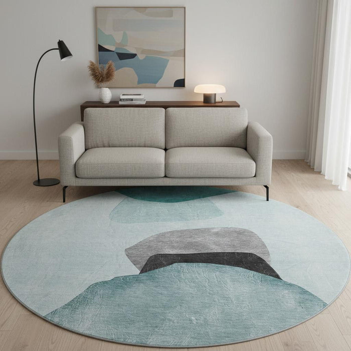 8' Abstract Washable Round Rug With UV Protection (648487) - Teal / Gray