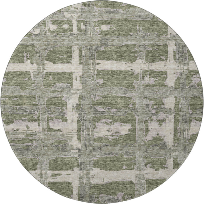 8' Striped Washable Round Rug With UV Protection - Olive Green And Beige