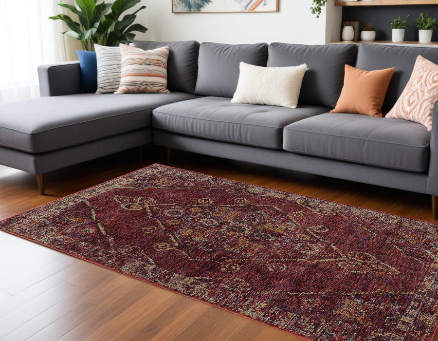 7' x 10' Oriental Power Loom Area Rug - Gold And Red
