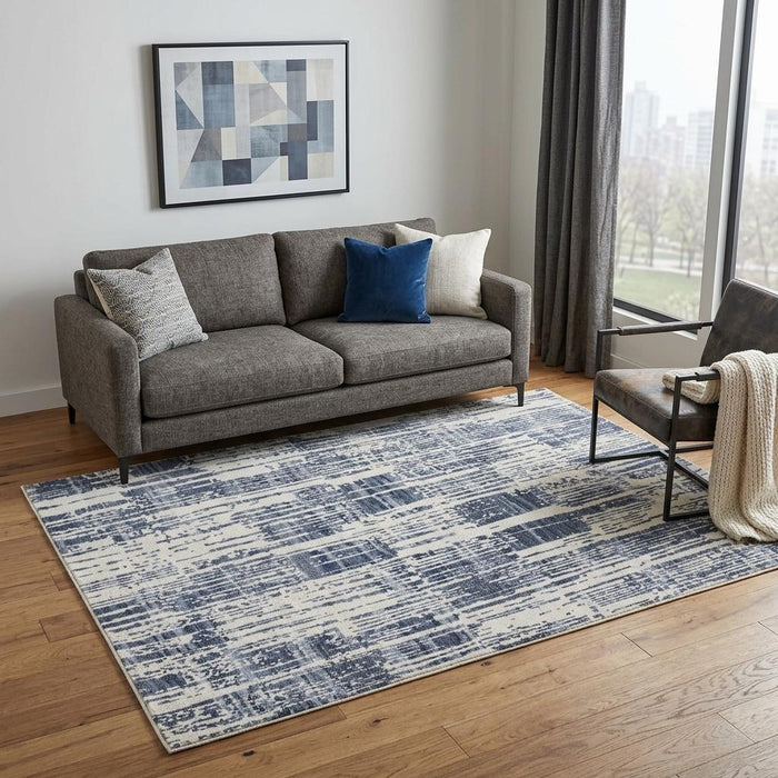 5' X 8' Wool Abstract Hand Knotted Area Rug With Fringe (744199) - Ivory / Blue