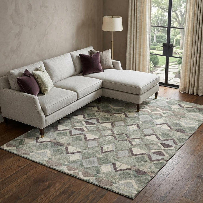 10' X 14' Geometric Washable Area Rug With UV Protection (692904) - Sage / Ivory / Taupe