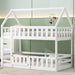 Giga twin over twin house bunk bed with safety fence and door, featuring a cozy design and sturdy wood construction.